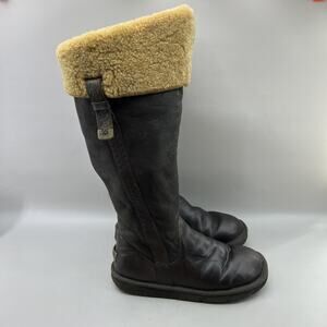 UGG Locarno Leather Boots Women Size 9 Brown Sheepskin Lined Tall Winter Shoes